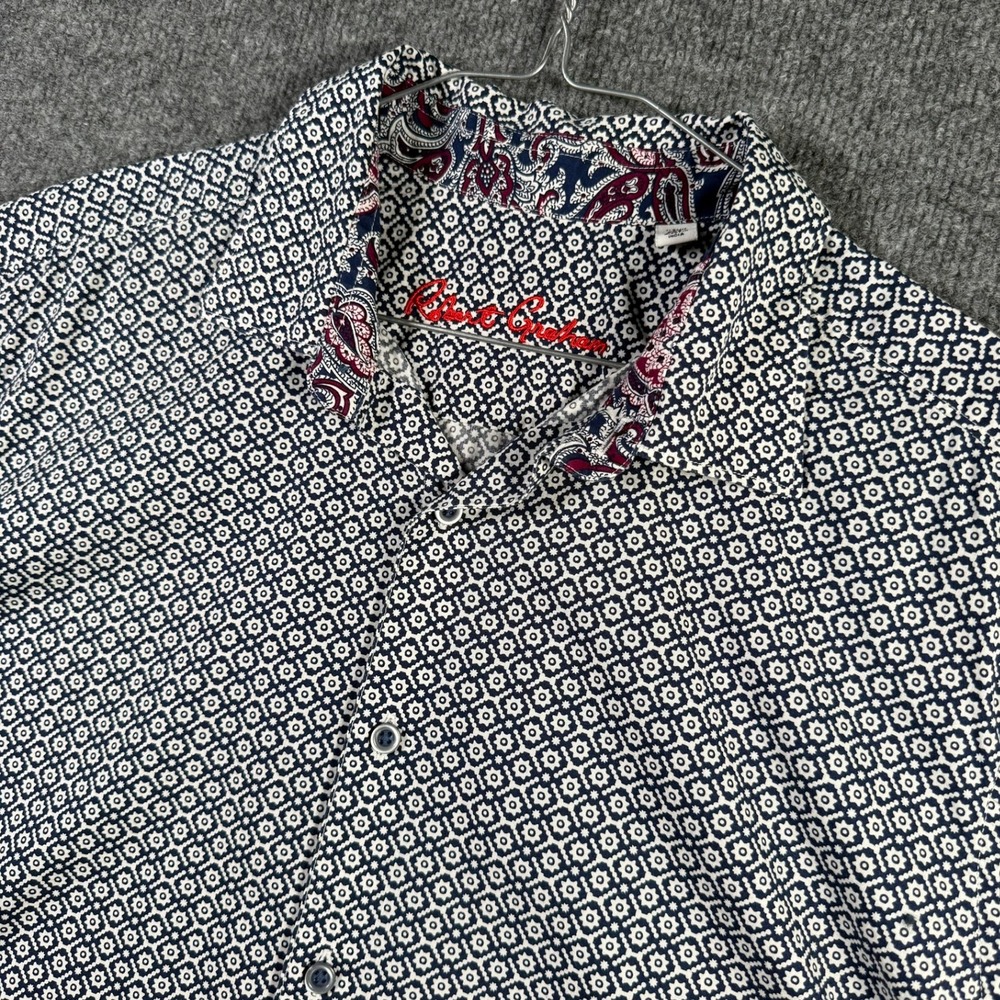 Robert Graham Button Down Shirt Mens XL Blue Geometric Paisley Trim Short Sleeve